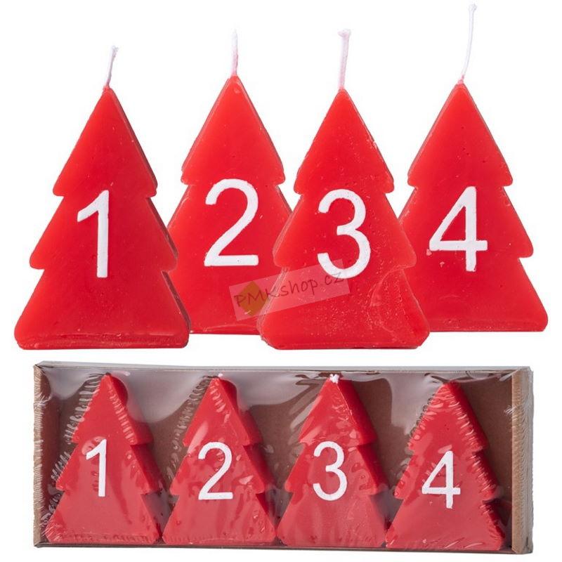 Emocio adventní svíčky ve tvaru vánočního stromku s čísly červené 4 kusy