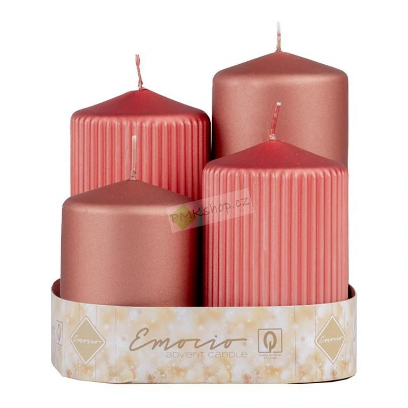 Emocio adventní svíčky stupňovité 65 mm vínové a bronzové mix metalické matné - rýhované a hladké 4 ks