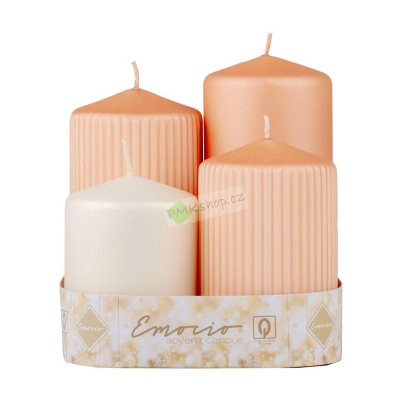 Emocio adventní svíčky stupňovité 65 mm oranžová a krémová - rýhované a hladké 4 ks