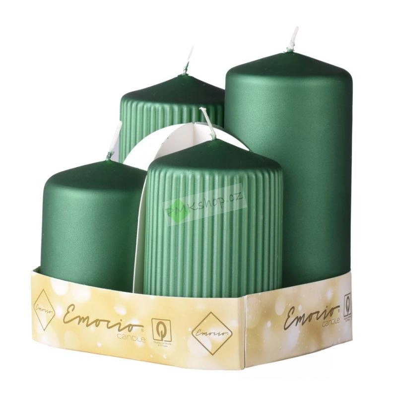 Emocio adventní svíčky stupňovité 65 mm tmavě zelená matná metalická - rýhované a hladké 4 ks