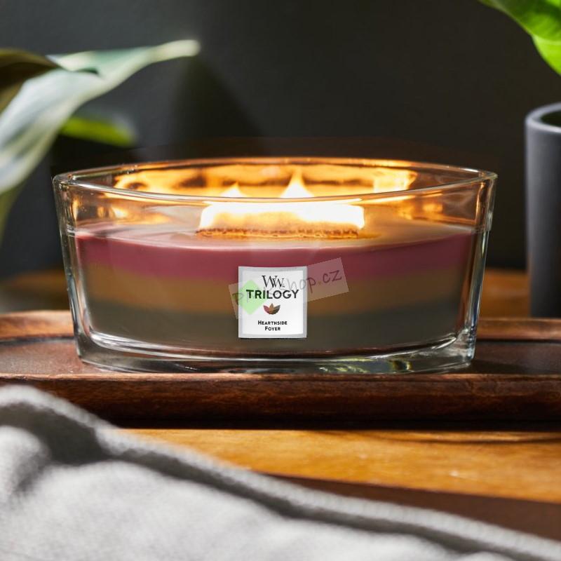 WoodWick lodička vonná svíčka Trilogy Hearthside