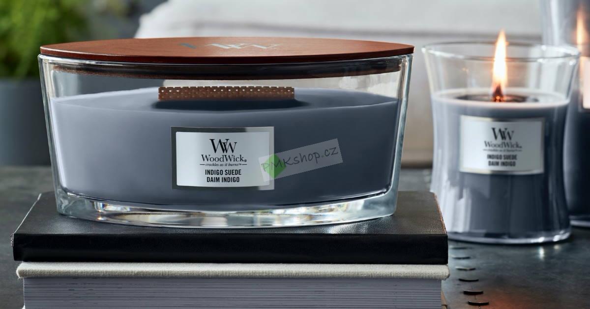 Woodwick lodička vonná svíčka Indigo Suede
