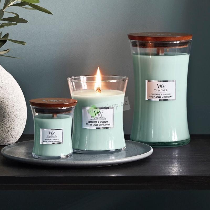 Woodwick střední vonná svíčka Sagewood & Seagrass