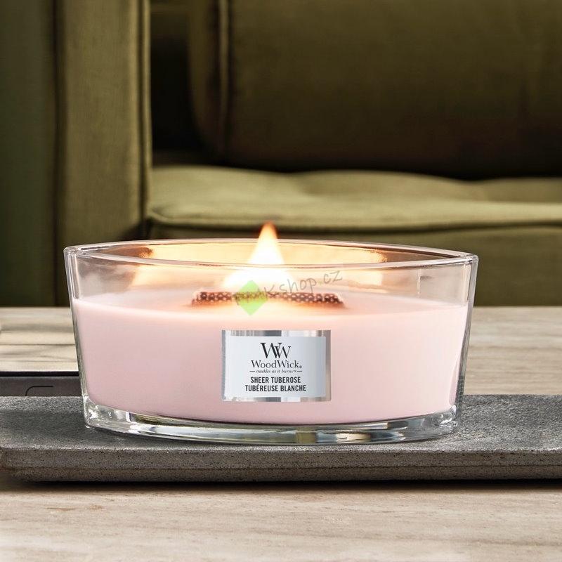 Woodwick lodička vonná svíčka Sheer Tuberose