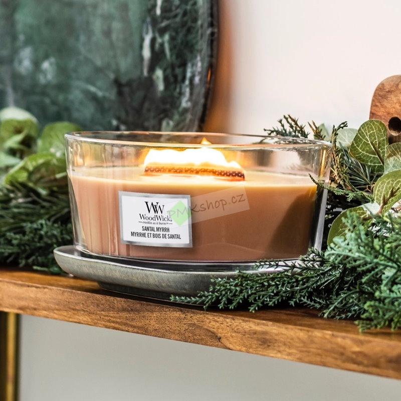 Woodwick lodička vonná svíčka Santal Myrrh
