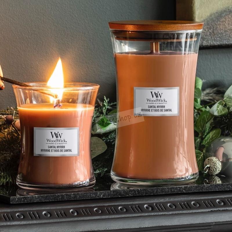 Woodwick střední vonná svíčka Santal Myrrh