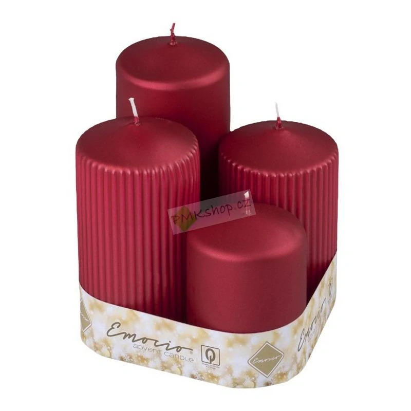 Emocio adventní svíčky stupňovité 65 mm červené metalické matné - rýhované a hladké 4 ks