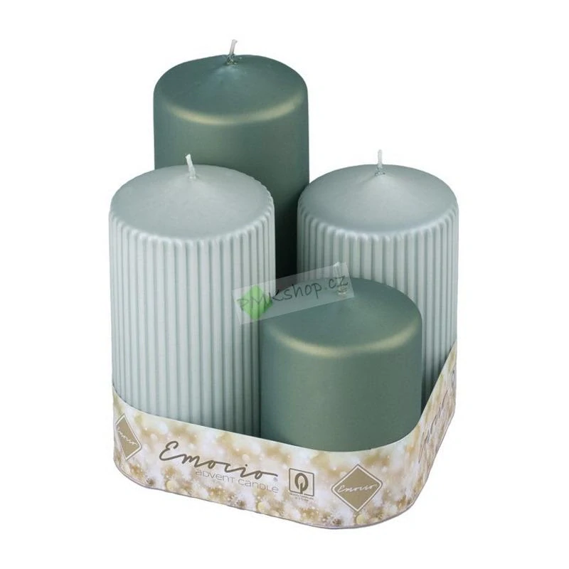 Emocio adventní svíčky stupňovité 65 mm zelený mix metalické matné - rýhované a hladké 4 ks