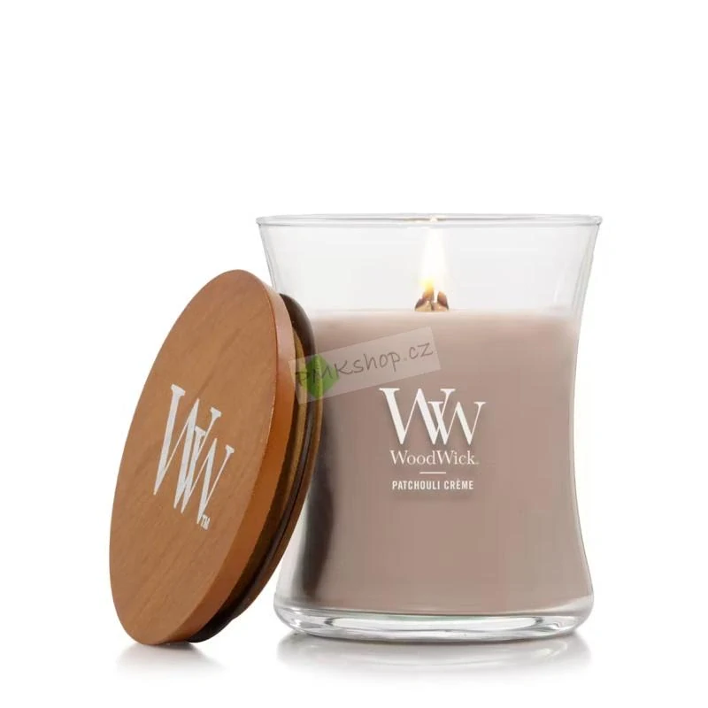 Woodwick střední vonná svíčka Patchouli Créme