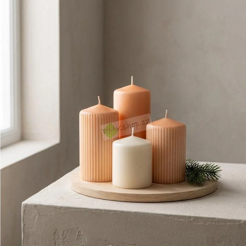 Emocio adventní svíčky stupňovité 65 mm oranžová a krémová - rýhované a hladké 4 ks