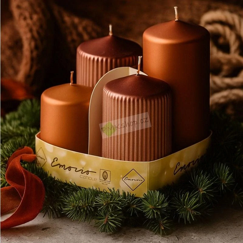 Emocio adventní svíčky stupňovité 65 mm hnědý mix matná metalická - rýhované a hladké 4 ks