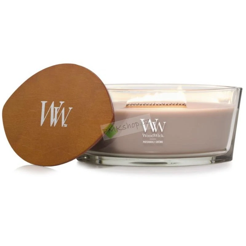 Woodwick lodička vonná svíčka Patchouli Créme