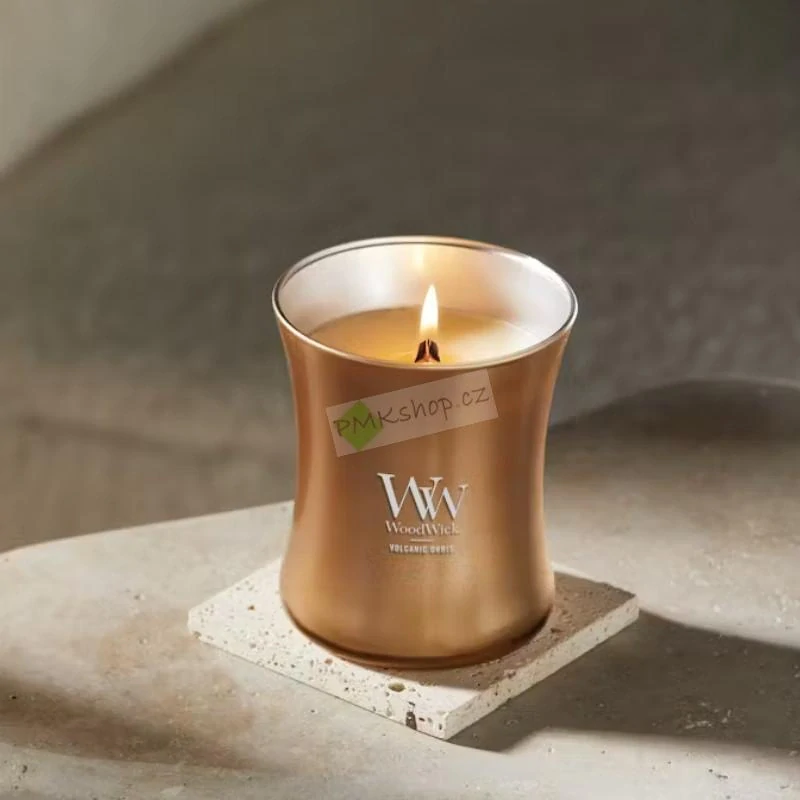 Woodwick střední vonná svíčka Precious Metals Volcanic Orris