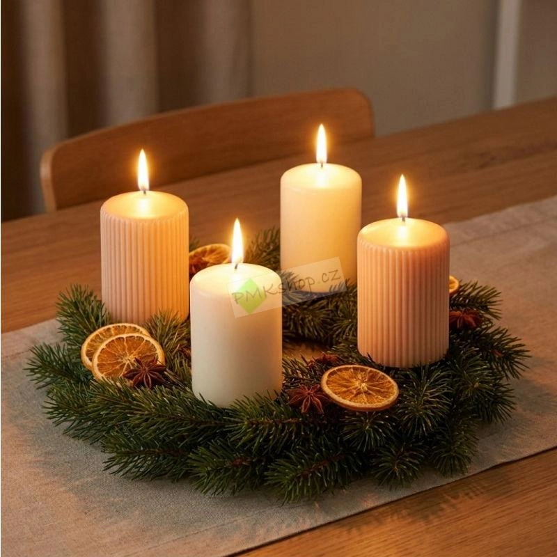 Emocio adventní svíčky stupňovité 65 mm oranžová a krémová - rýhované a hladké 4 ks