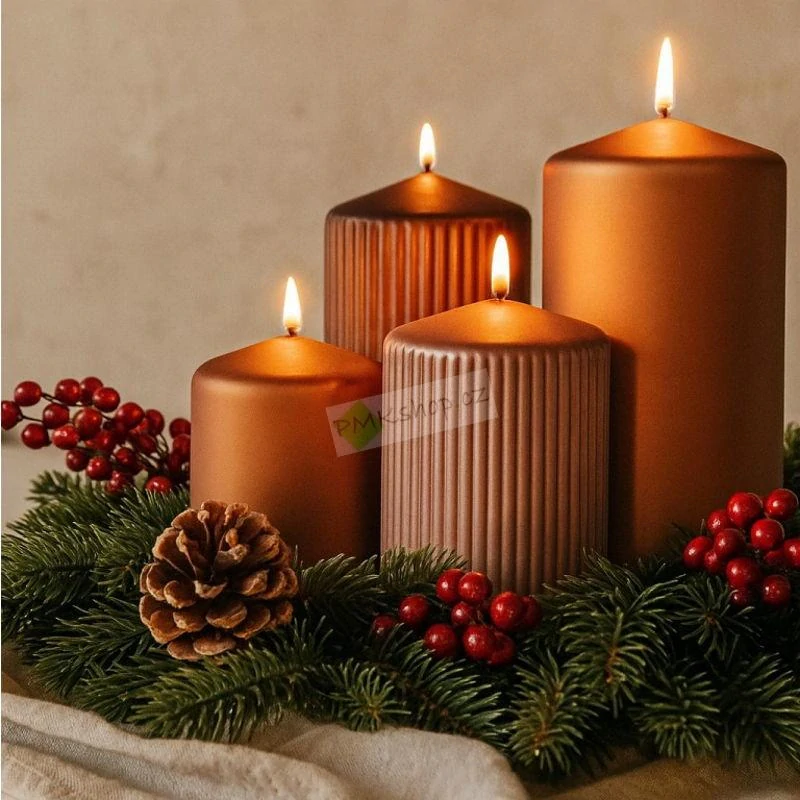 Emocio adventní svíčky stupňovité 65 mm hnědý mix matná metalická - rýhované a hladké 4 ks