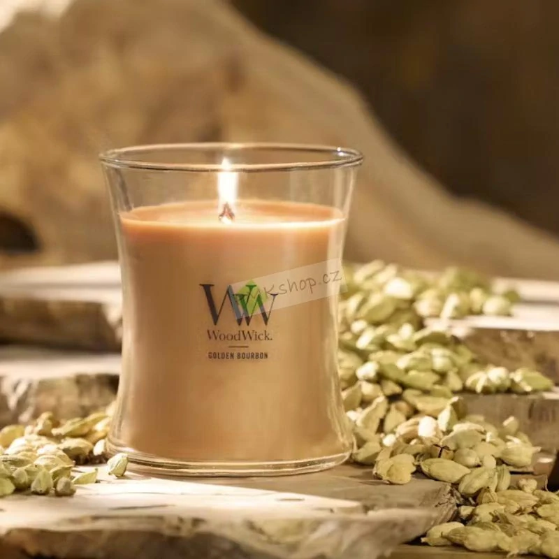 Woodwick střední vonná svíčka Golden Bourbon