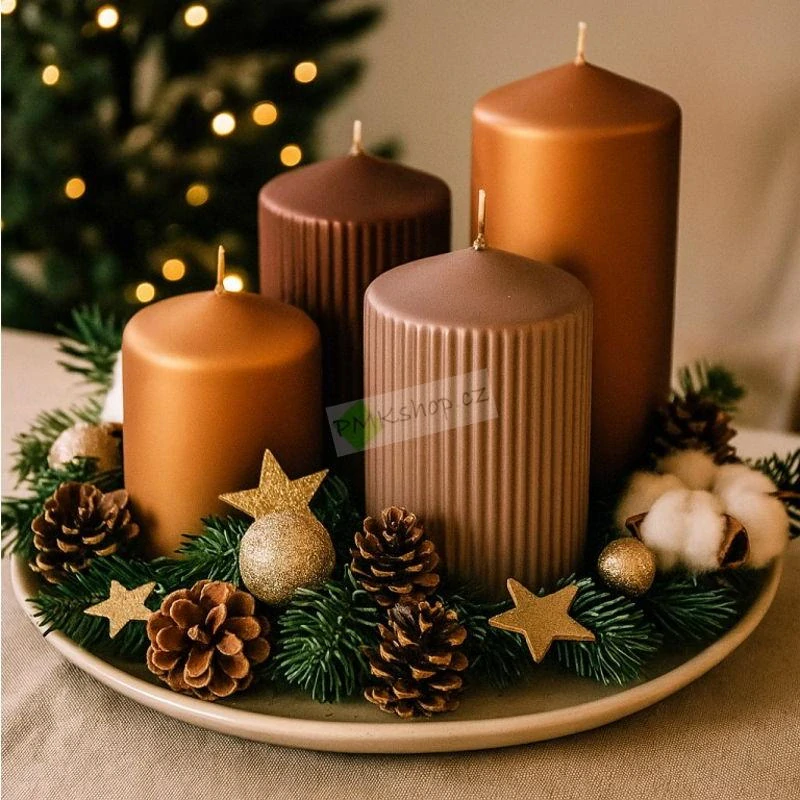 Emocio adventní svíčky stupňovité 65 mm hnědý mix matná metalická - rýhované a hladké 4 ks