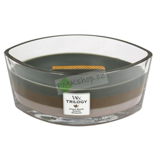 WoodWick svíčka skleněná lodička Trilogy 454 g Útulný srub