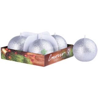 Emocio adventní svíčky koule 60 mm stříbrné brokátové 4 ks