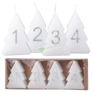 Emocio adventní svíčky ve tvaru vánočního stromku s čísly bílé 4 kusy