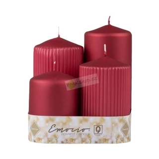 Emocio adventní svíčky stupňovité 65 mm červené metalické matné - rýhované a hladké 4 ks