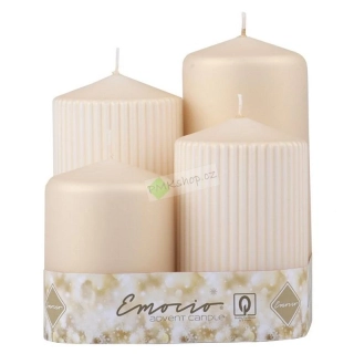 Emocio adventní svíčky stupňovité 65 mm krémové metalické matné - rýhované a hladké 4 ks
